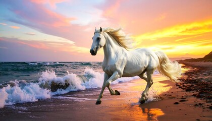 Obraz premium Majestic white horse running on beach at sunset