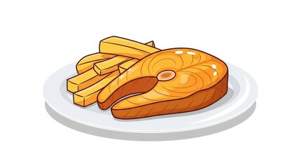 Delicious fried salmon steak and crispy fries on white plate - cartoon style illustration