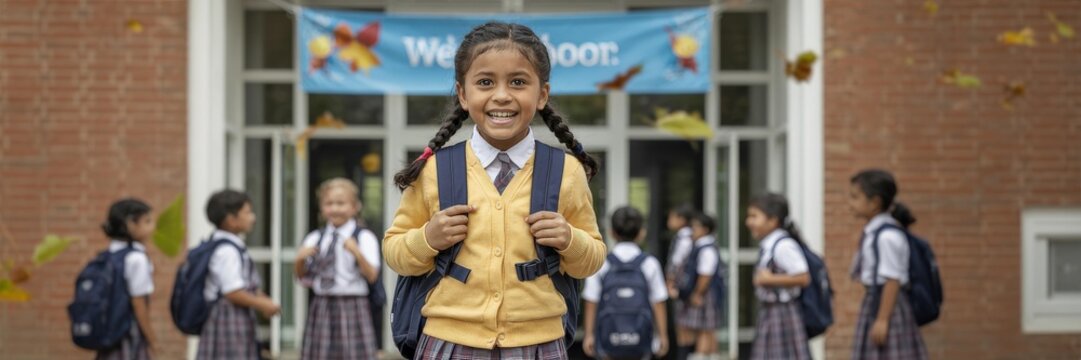 Smiling South Asian Elementary Schoolgirl (6&ndash;8) Yellw Cardigan Plaid Uniform Nvy Backpack &mdash; Candid Outdor Back-to-School Portrait,First Day School Brick Entance Welcome Banner, Autum Leaves, Shallow D