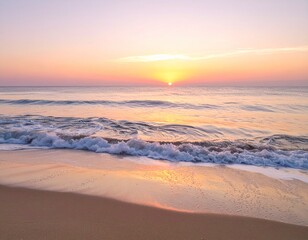 Olas suaves tocando la orilla en un amanecer rosado, atmósfera pacífica y contemplativa con espacio vacío en el horizonte.