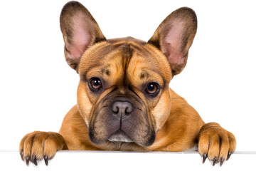 French bulldog with tan fur peeking over white panel, isolated background. Cute pet portrait.