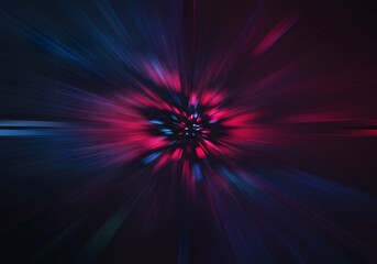 Abstract explosion of vibrant pink and blue light streaks radiating outwards from a dark central point, suggesting motion and energy.