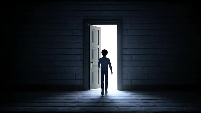 Silhouette figure walking through doorway into bright light
