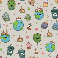 Happy Earth Day Celebration Seamless Pattern Cute Planet Characters Sustainability