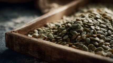 Obraz premium Pumpkin seeds drying on a wooden tray long title A close up image of freshly harvested pumpkin seeds spread out on a rustic wooden tray undergoing