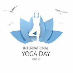 International yoga day with a person in tree pose within a blue lotus and flying birds