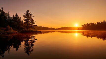 Naklejka premium Golden sunrise over still lake, trees line the shore, misty haze on water