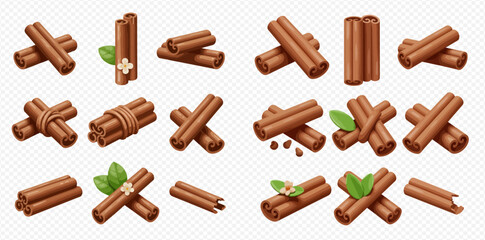 Collection of realistic cinnamon sticks in various arrangements, some with leaves and flowers.