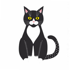 Stylized black and white cat with yellow eyes and polka dot tail