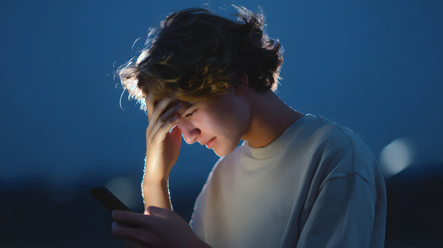 Teenage boy holds head in hands while using smartphone. His expression shows worry and emotional overload, lit by soft screen light. Great for digital stress or burnout themes. - Powered by Adobe