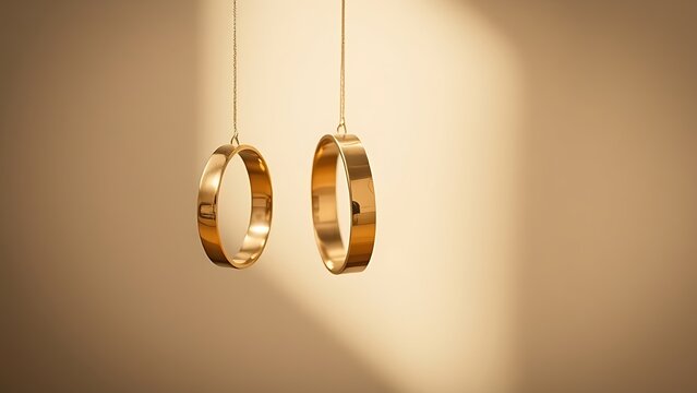 Three golden wedding bands hanging vertically with soft light highlighting their shine.