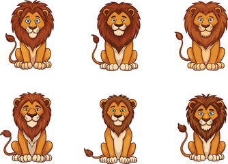Cute cartoon lion sitting poses collection, funny jungle king animal character vector set, adorable mascot illustration for kids book, toy, design
