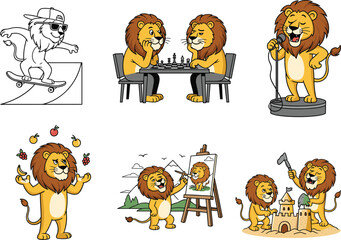 Funny cartoon lions activity set, cute animal mascot characters vector, playing chess, singing, painting, juggling, skateboarding, building sandcastle illustration
