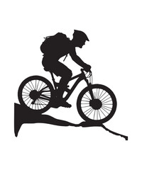 Fototapeta premium Silhouette of a Mountain Biker Riding Downhill on a Rocky Terrain Sticking Out with a Backpack and Helmet