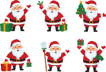 Cute cartoon Santa Claus set with Christmas gifts, holiday tree, festive decorations, cheerful poses, winter celebration, merry Christmas character collection illustration