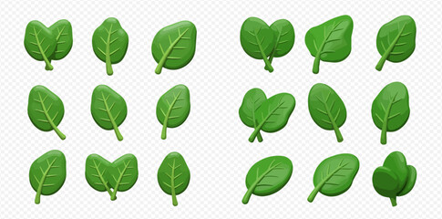 Collection of vibrant green spinach leaves in various positions and orientations, digitally rendered.