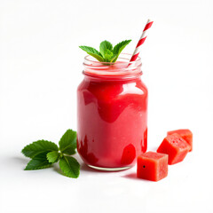 Watermelon smoothie jar with straw, tropical fruity shake, refreshing organic beverage, healthy vegan detox drink, summer fresh blend, isolated on clean white background