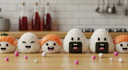 Cute sushi and onigiri characters with happy expressions on a wooden surface in a kitchen setting