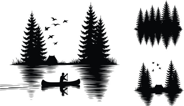 Serene wilderness scene with canoeist and reflecting trees