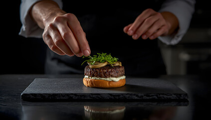 Chef garnishing a gourmet mini burger with fresh herbs for plating
