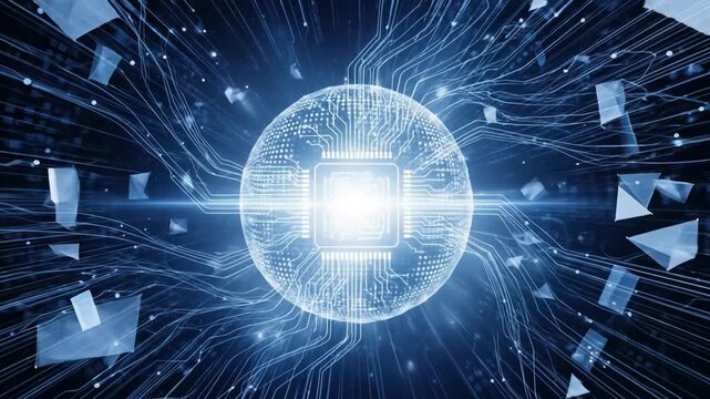 Glowing orb with circuit patterns and light trails