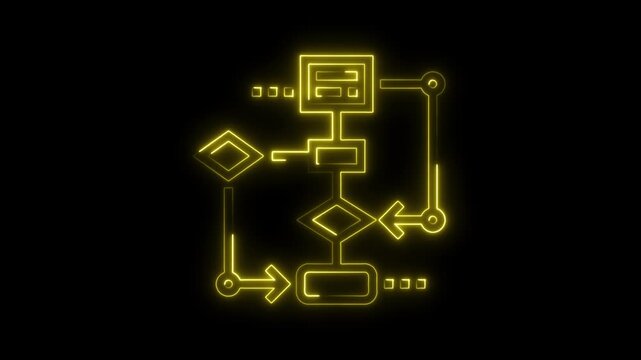 Glowing Neon Yellow Flowchart Icon Animation Isolated on Black Background for Business Process