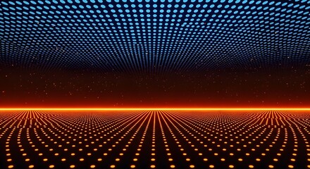 Abstract digital landscape with blue and orange dots creating a futuristic illusion of depth