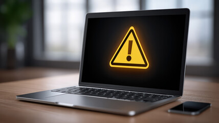Warning sign laptop screen alert, digital danger zone, cyber security risk, modern workspace, high fidelity, caution technology