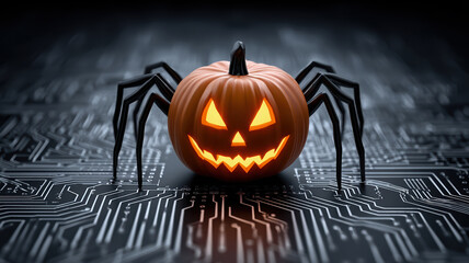 Halloween pumpkin spider, glowing jack o lantern, digital circuit board, spooky cyber theme, dark background, high detail