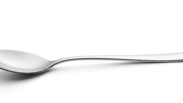 Shiny, metallic spoon, curved handle Simple, sleek silverware against a clean white backdrop