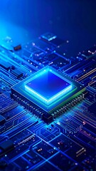 A close-up view of a central processing unit, highlighted by vibrant blue light, positioned on a complex circuit board.