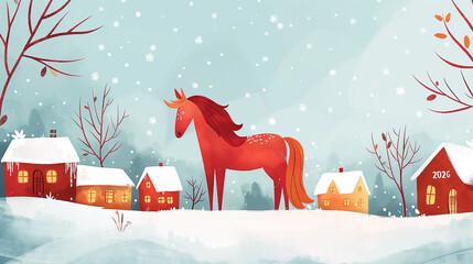 A red fiery horse. The symbol of the new year 2026 according to the Chinese calendar. Children's illustration