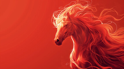 A red fiery horse. The symbol of the new year 2026 according to the Chinese calendar. Red background