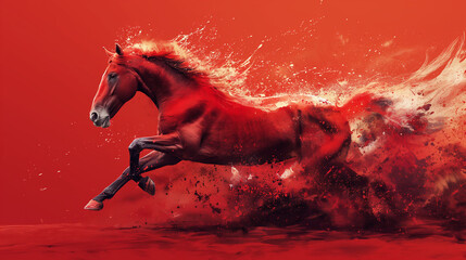 A red fiery horse. The symbol of the new year 2026 according to the Chinese calendar. Red background