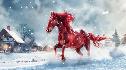 A red fiery horse. The symbol of the new year 2026 according to the Chinese calendar. Snow background