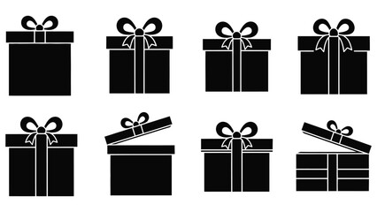 Set of eight black gift boxes with bows, isolated on white background, representing various occasions