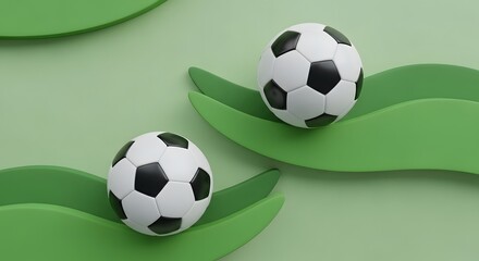Naklejka premium Two soccer balls on green wavy surfaces create a minimalist and playful composition for sports fans