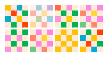 Playful checker pattern background with green, yellow, red, pink, blue and pastel squares. Fun seamless vector for kids party paper, wrapping or textiles. Drag to swatches panel to use.