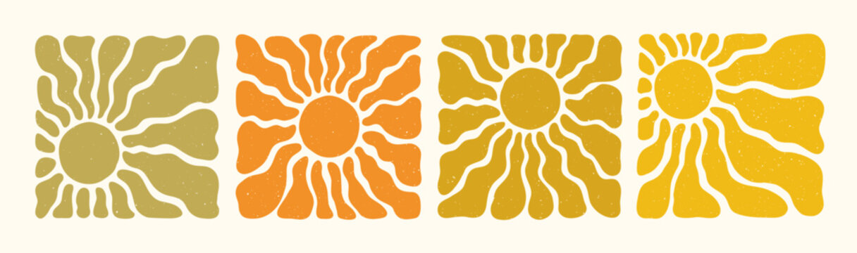 Retro sun or flower organic pattern set in earthy yellow and orange with groovy abstract wavy rays and textured background. Sun patterns with square layout. Perfect for posters, fabric, and summer
