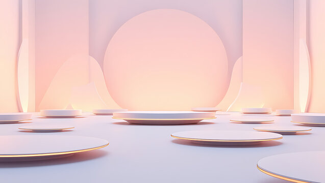 Minimalist 3d render of a futuristic stage with multiple circular platforms and soft pastel lighting, creating an ethereal and elegant atmosphere for product display