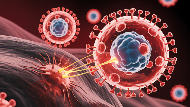 3d visualization of hiv virus binding and attacking immune cells showing envelope spikes replication and infection concept in medical virology context