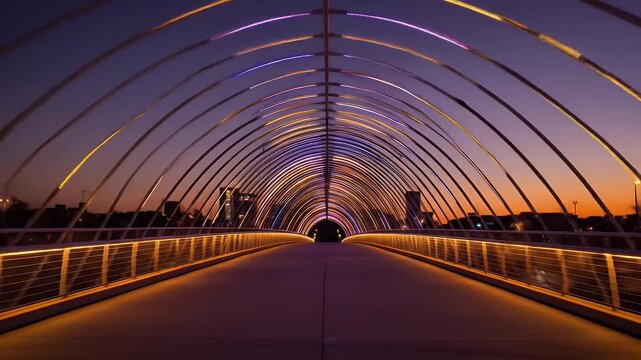 Scottsdale, arizona soleri bridge illuminated against a beautiful sunset. Ideal for travel brochures, websites, and social media posts.