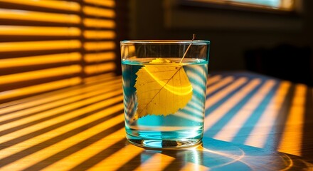 Glass of water with leaf and light shining through blinds creates a warm ambiance feel