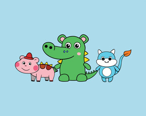 Obraz premium Cartoon Animal Friends Pig Crocodile and Squirrel Together on a Light Blue Background