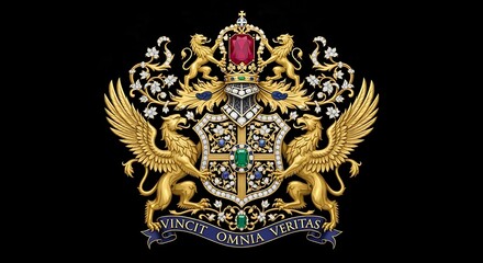 Fototapeta premium Ornate heraldic emblem adorned with precious gems and griffins motifs