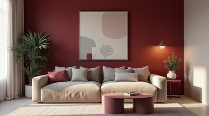 living_room_with_a_bold_wine-red_statement_wall_minimalist_sofa_modern_abstract_art