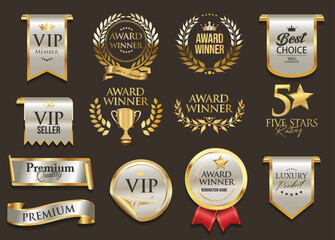 Top rated award winner gold and white badge and emblem collection stock illustration