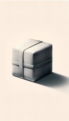 Close-up studio shot of a simple white cube mockup package tied with beige straps against a light beige background, conveying a minimalist and neutral mood.
