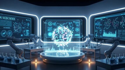 Robotic arms assist in creating a new drug, with holographic displays of DNA structures and biological data in a futuristic laboratory. - Powered by Adobe