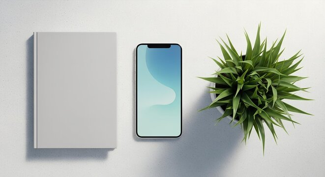 Flat lay mockup: Smartphone with blue design, notebook, and plant on white desk, minimalist style. - Powered by Adobe